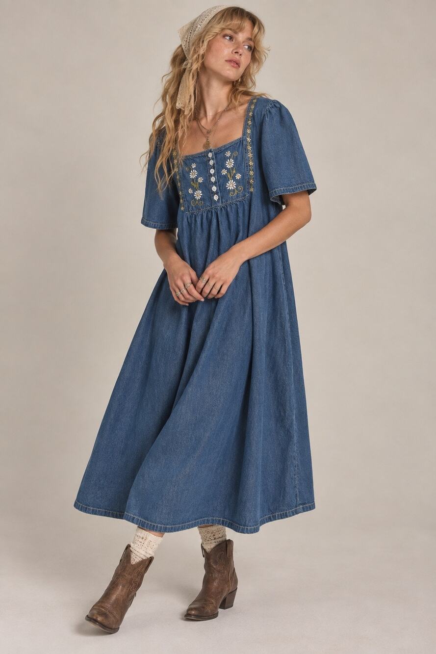 Vintage 90s Phases Embroidered Cotton Denim Prairie Dress L Cottagecore Western